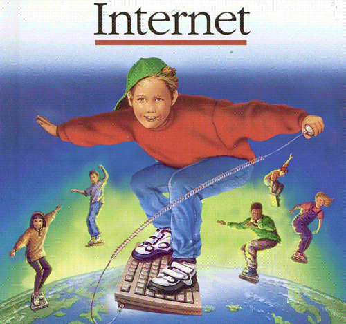 An old 1990's Internet advertisement where kids are surving over the world on computer keyboards.